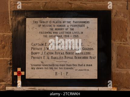 War memorial plaque, St. Michael`s Church, Weston-under-Wetherley, Warwickshire, UK Stock Photo